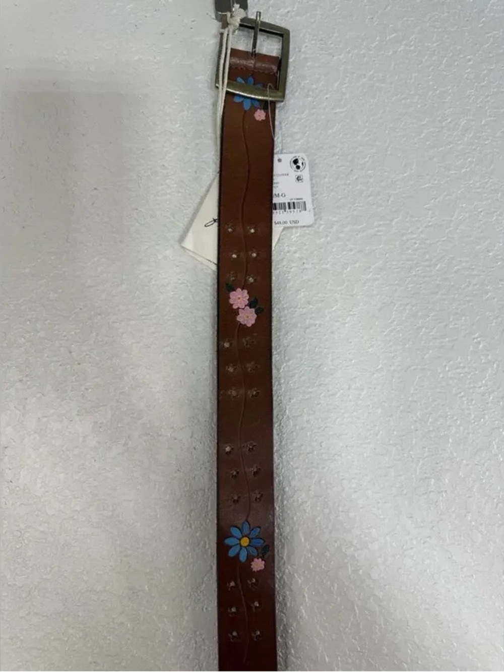 Free People Eye Candy Brown Leather Belt with Pink & Blue Floral Embroidery - Picture 3 of 5